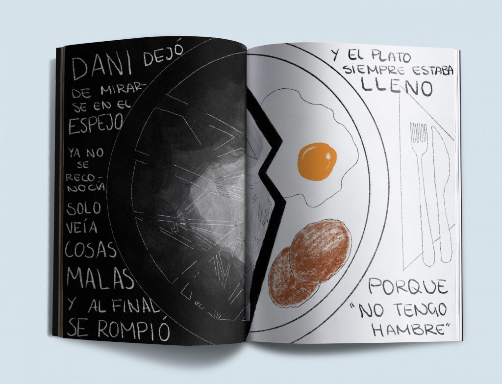 Doble página ilustrada con la parte izquierda en negro degradado con un espejo roto. En la parte derecha un plato de comida con huevo y dos hamburguesas. También hay un os cubiertos.