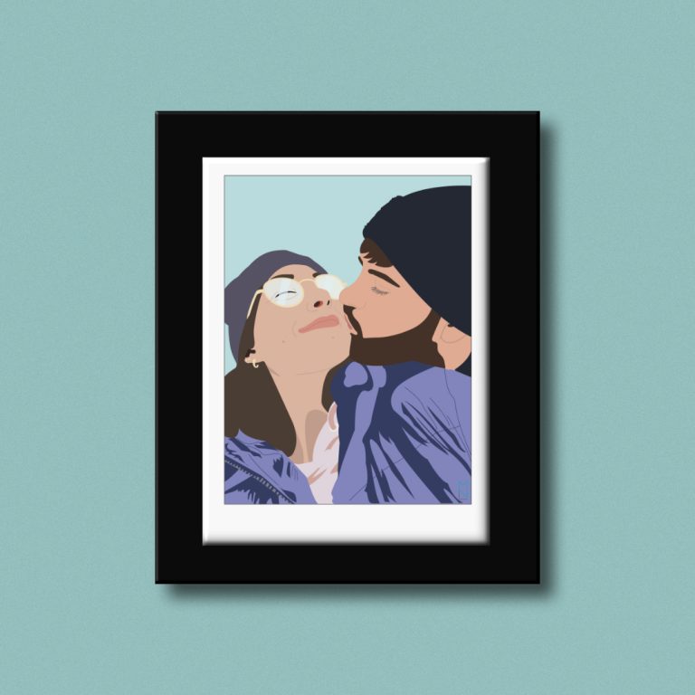 Ilustración de una chica sonriendo mientras un chico le da un beso en la mejilla