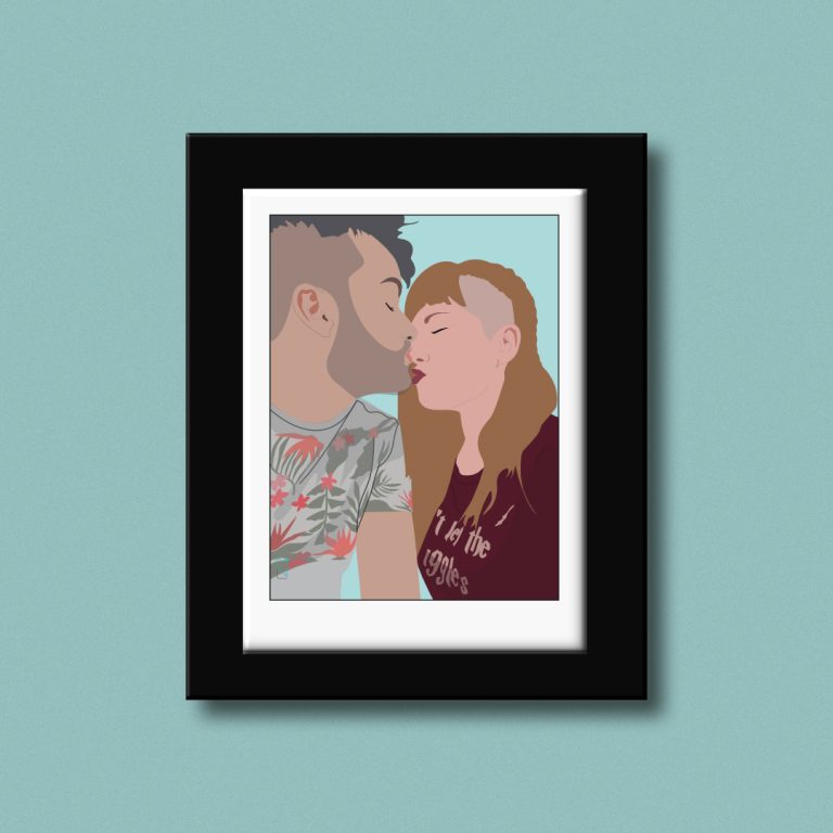 Ilustración de una chica y un chico de perfil dándose un beso