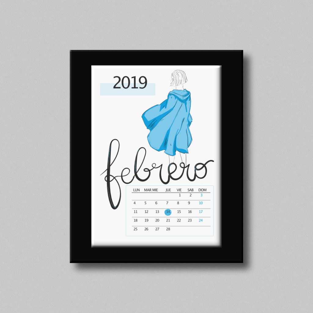 Ilustración de una chica con capa azul. Calendario de febrero de 2019.