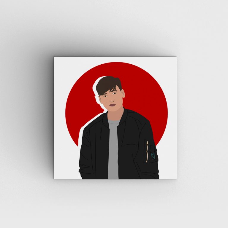 Ilustración de un chico con un círculo rojo de fondo. El chico está ligeramente de lado, lleva una chaqueta negra y un jersey gris.